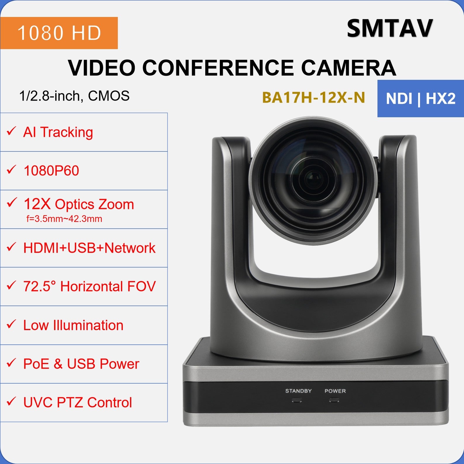 SMTAV 12X Optical Zoom PTZ Camera 1080P with USB 3.0 HDMI Outputs POE Live Streaming Camera  for Broadcast Conference Events
