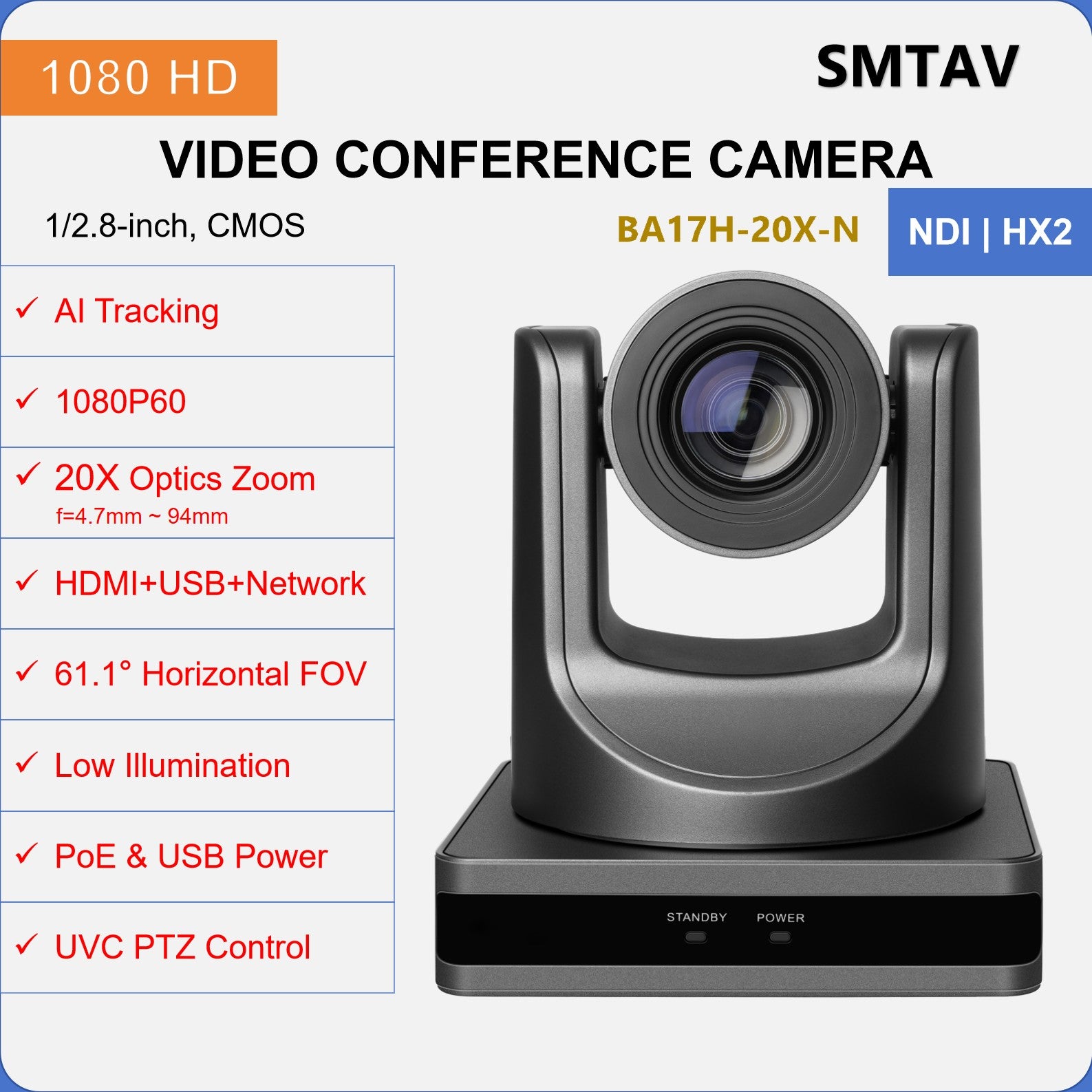 SMTAV 20X Optical Zoom PTZ Camera 1080P with USB 3.0 HDMI Outputs POE Live Streaming Camera
