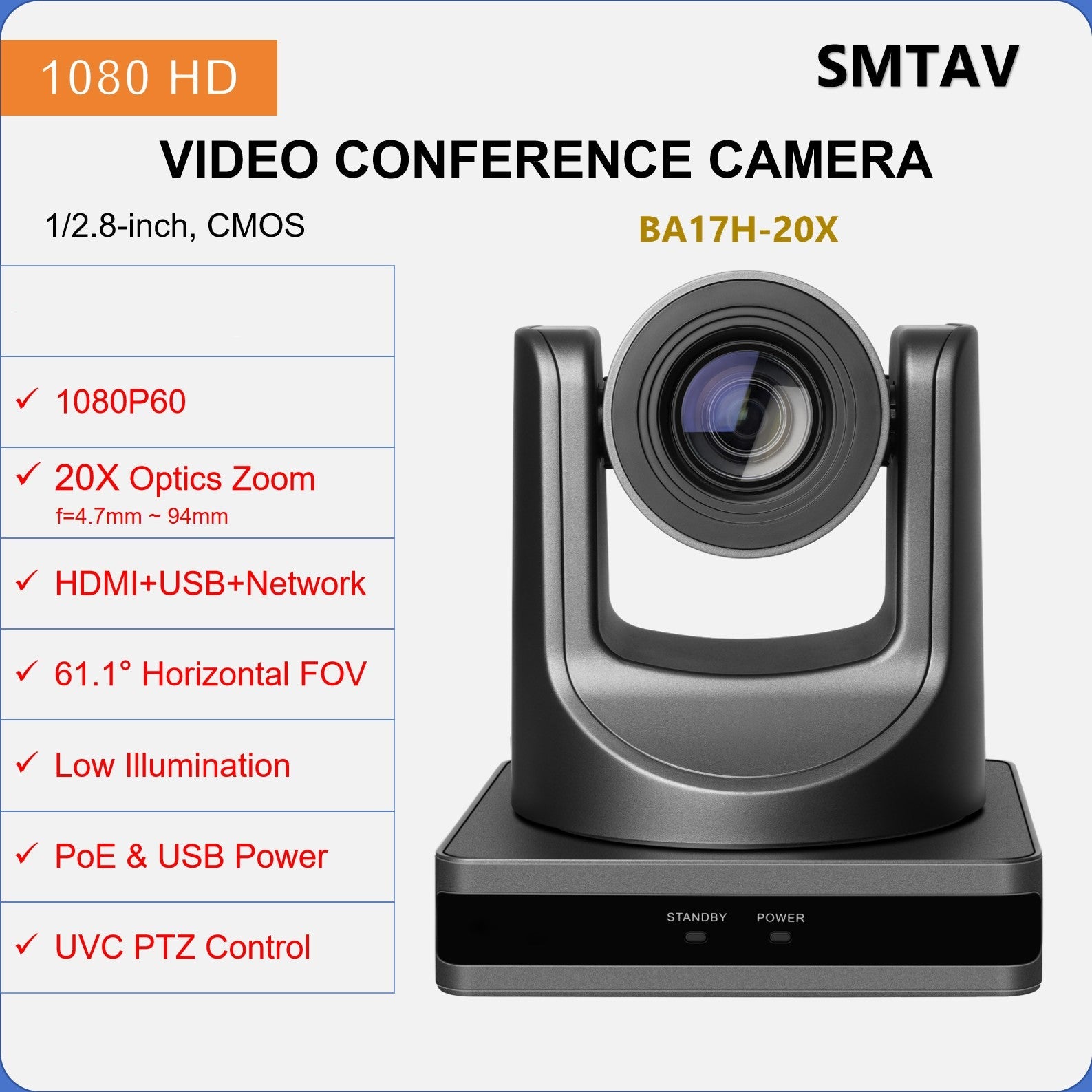 SMTAV 20X Optical Zoom 1080P PTZ Camera USB 3.0 HDMI PoE