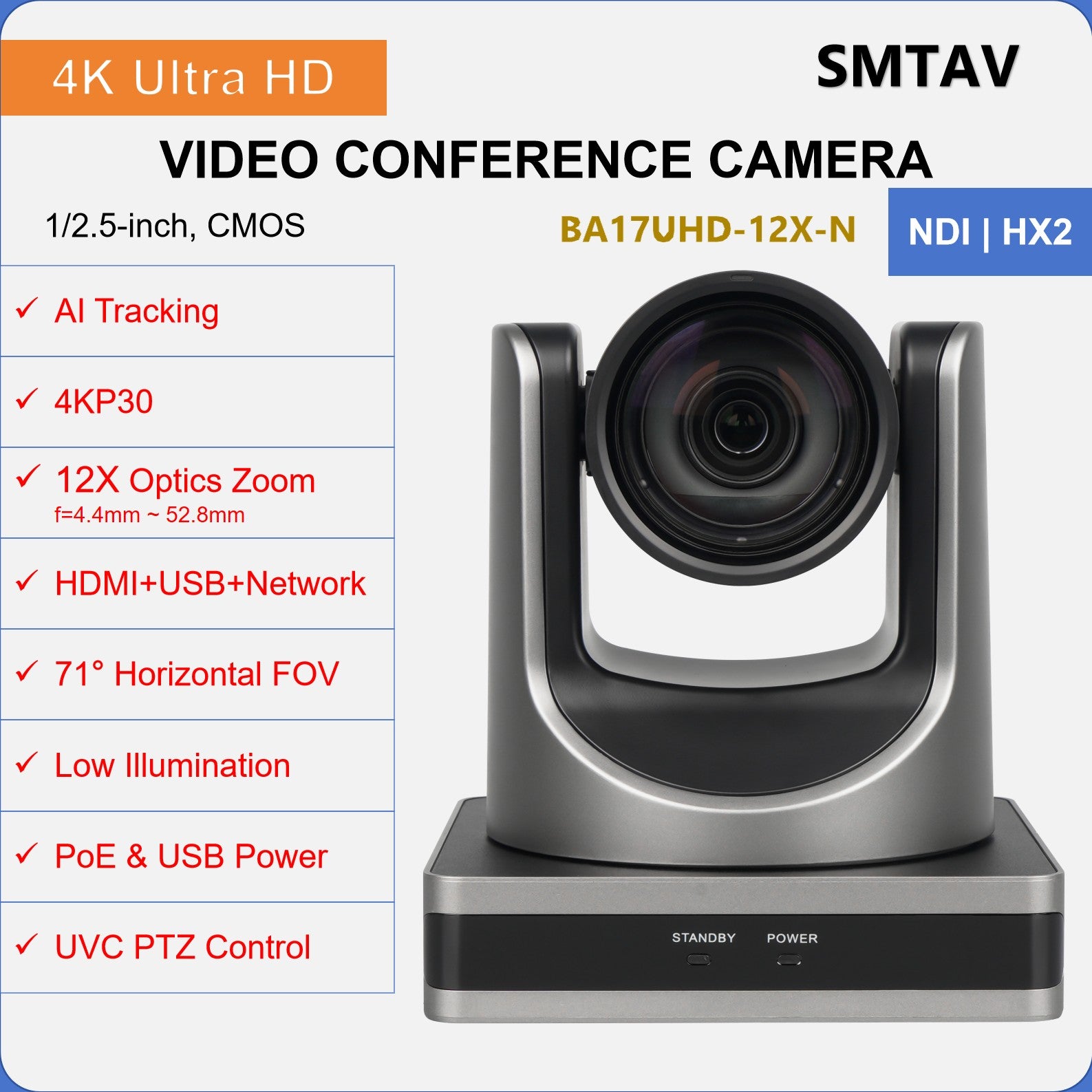 SMTAV 4KP30 12X Optical Zoom PTZ Camera with USB 3.0 HDMI Outputs POE Live Streaming Camera  for Broadcast Conference Events