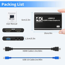 Load image into Gallery viewer, Capture Card, 4K Video Capture Card USB 3.0 1080P 60fps HDMI Audio Video Capture Device Portable Video Converter
